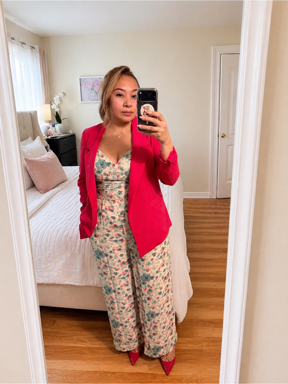 Boohoo Floral Wide-Leg Jumpsuit with Hot Pink Blazer